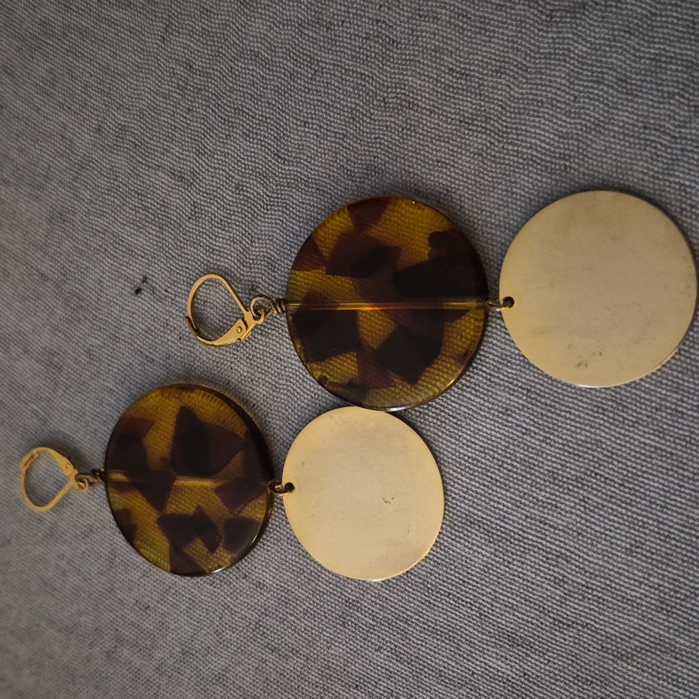 Vintage Boho tortoiseshell Circle Gold Disc Dangle Hanging Earrings